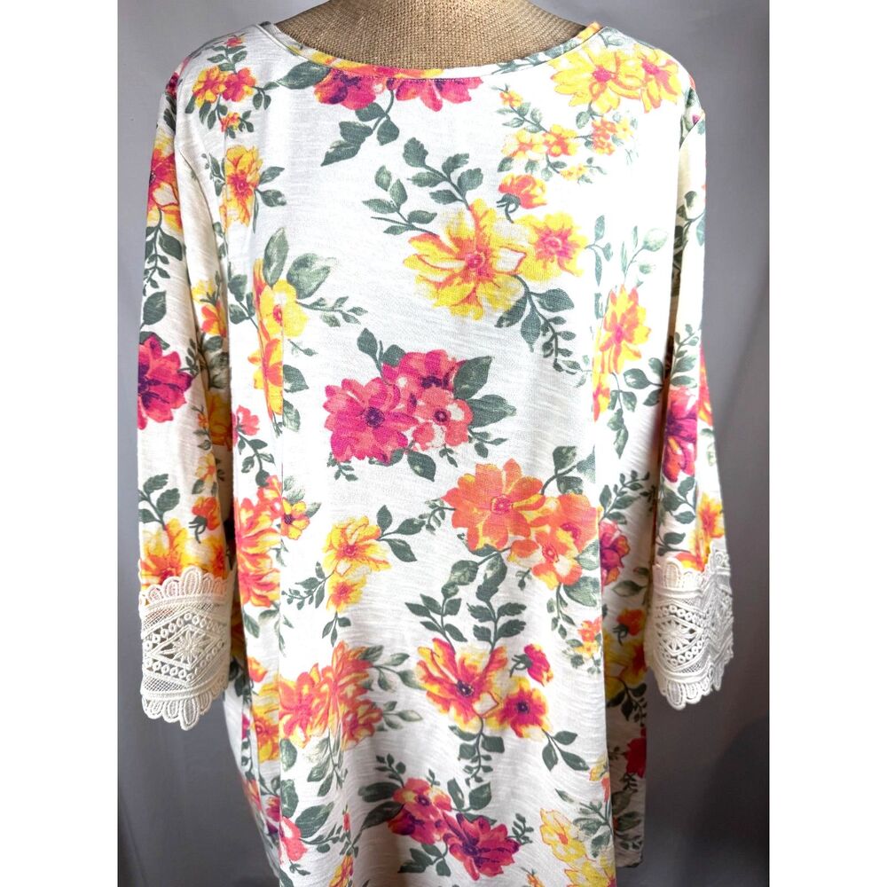 Woman Within Top Womens 1X Ivory Floral Lace Trim 3/4 Sleeves Scoop Neck Tunic